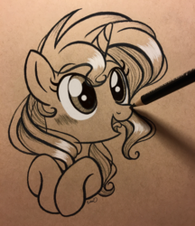 Size: 3024x3506 | Tagged: safe, artist:emberslament, sunset shimmer, pony, unicorn, g4, blushing, boop, breaking the fourth wall, bust, colored pencils, cute, daaaaaaaaaaaw, drawn into existence, featured image, female, fourth wall, happy, high res, hnnng, hooves together, mare, monochrome, open mouth, pencil, pencil boop, photo, portrait, shimmerbetes, solo, traditional art, weapons-grade cute