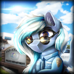 Size: 2000x2000 | Tagged: safe, artist:thefunnysmile, oc, oc only, oc:falling skies, pegasus, pony, belt, blurry, bust, clothes, glasses, gun, high res, lens flare, looking at you, police, police uniform, portrait, solo, sunglasses, weapon
