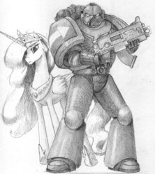 Size: 700x789 | Tagged: artist needed, safe, princess celestia, alicorn, pony, g4, armor, bolter, horn, looking at you, pencil drawing, power armor, regalia, space marine, tactical squad, traditional art, warhammer (game), warhammer 40k, wings