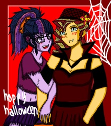 Size: 6000x6800 | Tagged: safe, artist:takrontoxicity, sci-twi, sunset shimmer, twilight sparkle, vampire, zombie, equestria girls, g4, absurd resolution, blushing, clothes, costume, cute, female, halloween, halloween costume, happy halloween, holding hands, holiday, lesbian, ship:sci-twishimmer, ship:sunsetsparkle, shipping, spider web, twiabetes