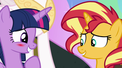 Size: 1920x1080 | Tagged: safe, screencap, princess celestia, sunset shimmer, twilight sparkle, alicorn, pony, unicorn, equestria girls, equestria girls specials, g4, my little pony equestria girls: better together, my little pony equestria girls: forgotten friendship, blushing, cute, looking at each other, reunion, saddle bag, shipping fuel, smiling, trio, twiabetes, twilight sparkle (alicorn)