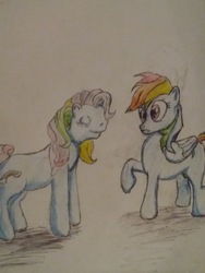 Size: 4160x3120 | Tagged: safe, artist:joey012, derpibooru exclusive, rainbow dash, earth pony, pegasus, pony, g3, g4, 35th anniversary, generation leap, looking at each other, pencil drawing, simple background, traditional art