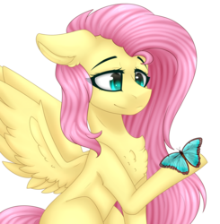 Size: 2342x2391 | Tagged: safe, artist:kremciakay, fluttershy, butterfly, pegasus, pony, g4, chest fluff, female, high res, hoof hold, looking at something, mare, simple background, sitting, smiling, solo, spread wings, transparent background, wings