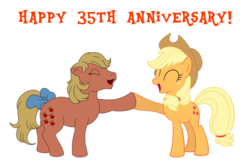 Size: 2250x1500 | Tagged: safe, artist:regularmouseboy, derpibooru exclusive, applejack, applejack (g1), earth pony, pony, g1, g4, 35th anniversary, bow, duality, duo, duo female, eyes closed, female, generational ponidox, hoofbump, open mouth, simple background, tail bow, transparent background