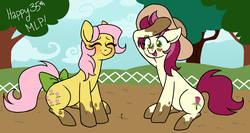 Size: 2000x1065 | Tagged: safe, artist:/d/non, posey, roseluck, earth pony, pony, g1, g4, 35th anniversary, blushing, eyes closed, female, g1 to g4, gardening, generation leap, mare, mud, muddy hooves