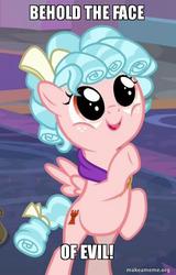 Size: 500x783 | Tagged: safe, edit, edited screencap, screencap, cozy glow, pegasus, pony, g4, school raze, bipedal, cozy glow is best facemaker, cozybetes, cropped, cute, evil, face of evil, female, filly, foal, image macro, meme, pure unfiltered adorable evil, rearing, solo, text