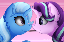 Size: 1552x1035 | Tagged: safe, artist:deraniel, starlight glimmer, trixie, pony, unicorn, g4, best friends, crossed horns, cute, food, horn, horns are touching, pocky, pocky game, simple background, smiling