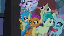 Size: 1280x720 | Tagged: safe, screencap, gallus, ocellus, sandbar, silverstream, smolder, yona, changedling, changeling, dragon, earth pony, griffon, hippogriff, pony, yak, g4, school raze, dragoness, female, male, student six, teenager