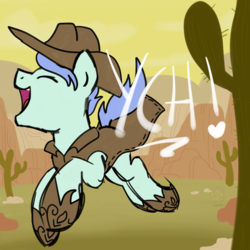 Size: 2100x2100 | Tagged: safe, artist:lannielona, pony, advertisement, appleloosa, cactus, clothes, cloud, coat, commission, cowboy, cowboy hat, desert, eyes closed, hat, high res, jacket, longcoat, male, mountain, mountain range, shoes, solo, stallion, stetson, stone, your character here