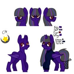Size: 1500x1500 | Tagged: safe, artist:fulicioustm, artist:kookiebeatz, oc, oc only, oc:dusk's light, alicorn, bat pony, bat pony alicorn, pony, alicorn oc, base used, blushing, clothes, female, glasses, jumper, mare, raised hoof, reference sheet, simple background, solo, sweater, tail net, white background