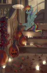 Size: 1152x1780 | Tagged: safe, artist:xjenn9, rainbow dash, pegasus, pony, g4, cyrillic, female, halloween, holiday, jack-o-lantern, mare, pumpkin, russian, sitting, solo, speech bubble, translated in the comments