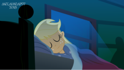 Size: 3999x2256 | Tagged: safe, artist:metalhead97, applejack, comic:applejack gets anal probed, equestria girls, g4, clothes, eyes closed, footed sleeper, high res, night, pajamas, shadow, show accurate, sleeping