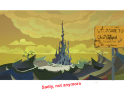 Size: 2048x1536 | Tagged: safe, edit, edited screencap, screencap, g4, to where and back again, changeling hive, changeling kingdom, dead trees, hive, sign, spire, swarm, words from the past, yellow sky