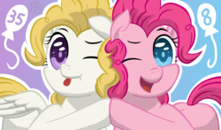Size: 5600x3300 | Tagged: safe, artist:template93, pinkie pie, surprise, earth pony, pegasus, pony, g4, 35th anniversary, 8th anniversary, cute, duo, female, mare, smiling, tongue out