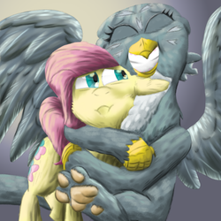 Size: 1584x1584 | Tagged: safe, artist:firefanatic, fluttershy, gabby, griffon, pony, g4, :i, adorable distress, big grin, chest fluff, concerned, cute, gabbybetes, grin, hug, paw pads, paws, smiling, spread wings, underpaw, wings