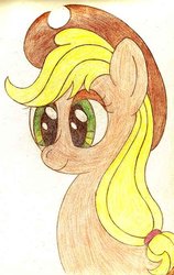 Size: 432x684 | Tagged: safe, artist:mfg637, applejack, earth pony, pony, g4, bust, female, portrait, simple background, solo, traditional art