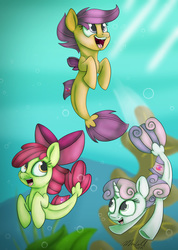 Size: 1889x2659 | Tagged: safe, artist:mcmeg29, apple bloom, scootaloo, sweetie belle, seapony (g4), g4, surf and/or turf, adorabloom, bow, cute, cutealoo, cutie mark crusaders, diasweetes, female, hair bow, sea-mcs, seaponified, seapony apple bloom, seapony scootaloo, seapony sweetie belle, species swap, underwater