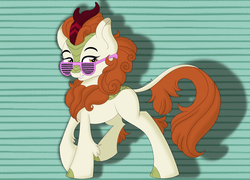 Size: 1024x737 | Tagged: safe, artist:theartistsora, autumn blaze, kirin, g4, sounds of silence, abstract background, female, looking at you, shadow, solo, sunglasses