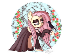 Size: 1558x1203 | Tagged: safe, artist:mcmeg29, fluttershy, bird, raven (bird), fake it 'til you make it, g4, clothes, dress, ear piercing, eyeshadow, female, flower, fluttergoth, makeup, mare, piercing, solo