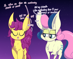 Size: 2800x2300 | Tagged: safe, artist:dragonpone, derpibooru exclusive, bon bon, bon bon (g1), sweetie drops, earth pony, pony, g1, g4, 35th anniversary, cheek fluff, chest fluff, dialogue, duo, ear fluff, eyes closed, female, g1 to g4, generation leap, generational ponidox, high res, lidded eyes, mare, night, open mouth, raised hoof, smiling, stars