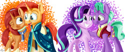Size: 2389x996 | Tagged: safe, artist:mcmeg29, firelight, starlight glimmer, stellar flare, sunburst, pony, unicorn, g4, the parent map, father and daughter, female, male, mare, mother and son, smiling, stallion
