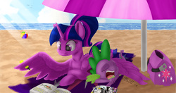 Size: 1867x987 | Tagged: safe, artist:mcmeg29, spike, twilight sparkle, alicorn, dragon, pony, g4, alternate hairstyle, beach, beach ball, beach blanket, beach umbrella, book, comic book, crepuscular rays, female, highlighter, mare, ocean, ponytail, prone, sleeping, smiling, spread wings, twilight sparkle (alicorn), umbrella, water, wing blanket, wing hands, wings