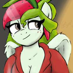 Size: 2100x2100 | Tagged: safe, artist:lannielona, derpibooru exclusive, oc, oc only, oc:watermelana, pegasus, anthro, breasts, cleavage, coffee, dressing gown, exhausted, female, freckles, high res, hot drink, implied coffee, looking back, mare, night, sleepy, solo, tired, wings