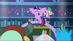 Size: 1669x941 | Tagged: safe, screencap, gallus, ocellus, spike, twilight sparkle, yona, alicorn, dragon, pony, a matter of principals, g4, classroom, duo focus, female, flying, happy, hooves on hips, male, mare, school of friendship, smiling, twilight sparkle (alicorn), winged spike, wings