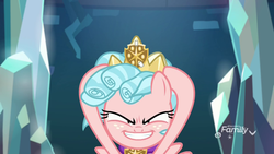 Size: 1920x1080 | Tagged: safe, screencap, cozy glow, pegasus, pony, g4, school raze, cozy glow is best facemaker, crown, evil grin, female, filly, freckles, grin, jewelry, narrowed eyes, regalia, smiling