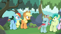 Size: 1280x720 | Tagged: safe, screencap, applejack, ocellus, rainbow dash, sandbar, silverstream, changedling, changeling, classical hippogriff, earth pony, hippogriff, pegasus, pony, g4, non-compete clause, angry, cutie mark, female, forest, male, mare, ocellus is not amused, sandbar is not amused, shocked, teenager