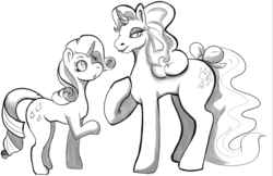 Size: 1314x850 | Tagged: safe, artist:radicalweegee, derpibooru exclusive, rarity, sparkler (g1), pony, unicorn, g4, 35th anniversary, bow, eyeshadow, female, grayscale, heart eyes, lidded eyes, lipstick, looking at each other, makeup, mare, monochrome, raised hoof, simple background, tail bow, white background, wingding eyes