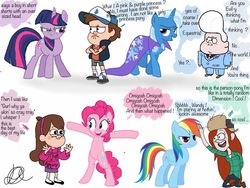 Size: 1024x768 | Tagged: safe, pinkie pie, rainbow dash, trixie, twilight sparkle, g4, diplight, dipper pines, gideon gleeful, gravity falls, mabel pines, male, text, wendy corduroy