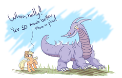 Size: 2000x1280 | Tagged: safe, artist:heir-of-rick, applejack, applejack (g1), dragon, pony, g4, rescue at midnight castle, 35th anniversary, blushing, dialogue, dragonified, duo, female, field, mare, raised hoof, species swap