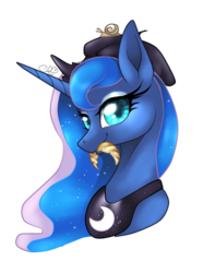 Size: 571x769 | Tagged: safe, artist:alissa1010, princess luna, alicorn, pony, snail, g4, beret, bread, croissant, cute, ethereal mane, female, food, french, hat, looking at you, mare, simple background, starry mane, transparent background, vector