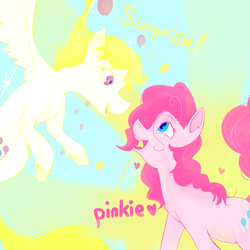 Size: 1024x1024 | Tagged: safe, alternate version, artist:php93, pinkie pie, surprise, earth pony, pegasus, pony, g1, g4, 35th anniversary, balloon, duo, female, flying, mare, name, sun, unshorn fetlocks, wings