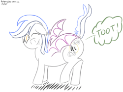 Size: 500x375 | Tagged: safe, artist:batponyecho, oc, oc only, oc:echo, bat pony, fart, fart noise, female, looking at you, mare, one eye closed, onomatopoeia, raised tail, sound effects, tail, wink