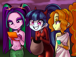 Size: 1600x1200 | Tagged: safe, artist:rileyav, adagio dazzle, aria blaze, sonata dusk, devil, mermaid, starfish, equestria girls, g4, my little pony equestria girls: rainbow rocks, ancient greece, ariel, bag, bare shoulders, bedroom eyes, belly button, blushing, cellphone, clothes, costume, curly hair, cute, devil horns, female, greece, greek mythology, halloween, holiday, jewelry, midriff, necklace, nintendo ds, phone, ponytail, seashell, siblings, sisters, sleeveless, smiling, the dazzlings, the little mermaid, tiara, toga, trick or treat