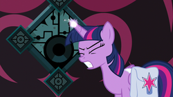 Size: 1280x720 | Tagged: safe, screencap, twilight sparkle, alicorn, pony, g4, school raze, eyes closed, female, gates of tartarus, mare, saddle bag, solo, twilight sparkle (alicorn)