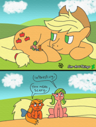 Size: 1021x1340 | Tagged: safe, artist:sm-artthings, applejack, applejack (g1), applejack (g3), earth pony, pony, g1, g3, g4, 35th anniversary, female, g1 to g4, generation leap, generational ponidox, giant pony, macro, size difference