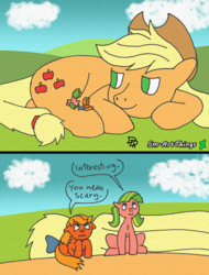 Size: 1021x1340 | Tagged: safe, artist:sm-artthings, applejack, applejack (g1), applejack (g3), earth pony, pony, g1, g3, g4, 35th anniversary, female, g1 to g4, generation leap, generational ponidox, giant pony, giantess, macro, size difference