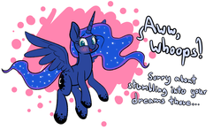 Size: 2100x1300 | Tagged: safe, artist:heir-of-rick, princess luna, alicorn, pony, g4, abstract background, blushing, dialogue, dream walker luna, female, freckles, looking at you, mare, solo