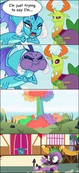 Size: 604x1315 | Tagged: safe, edit, edited screencap, screencap, princess ember, spike, thorax, changedling, changeling, dragon, g4, lesson zero, triple threat, antlers, comic, discovery family, discovery family logo, dragoness, explosion, female, fools in april, horns, king thorax, logo, male, ponyville, rainbow nuke, screencap comic, spongebob squarepants, squidward tentacles, straining, town hall, town square