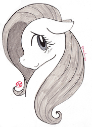 Size: 582x800 | Tagged: safe, artist:ryuredwings, fluttershy, pony, g4, bust, female, floppy ears, inktober, inktober 2018, looking at you, looking sideways, mare, portrait, profile, simple background, smiling, solo, traditional art, white background