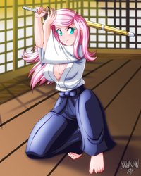 Size: 3200x4000 | Tagged: safe, artist:danmakuman, part of a set, fluttershy, human, g4, badass, barefoot, breasts, busty fluttershy, cleavage, commission, confident, feet, female, flutterbadass, humanized, kendo, kendo stick, looking at you, martial arts, part of a series, smiling, solo, stupid sexy fluttershy