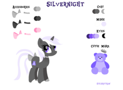 Size: 3000x2200 | Tagged: safe, artist:sugarstraw, derpibooru exclusive, oc, oc only, oc:silvernight, pony, unicorn, bow, choker, crown, cutie mark, female, high res, hooves, horn, jewelry, lineless, looking back, mare, purple eyes, reference sheet, regalia, simple background, solo, tail bow, teddy bear, text, transparent background