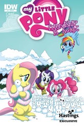 Size: 659x1000 | Tagged: safe, artist:amy mebberson, idw, official comic, angel bunny, derpy hooves, fluttershy, pinkie pie, rainbow dash, rarity, pegasus, pony, g4, official, comic, cover, female, hastings, mare, muffin, snow, snow bunnies, that pony sure does love muffins