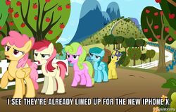 Size: 1200x763 | Tagged: safe, edit, edited screencap, editor:piousbrony, screencap, comet tail, daisy, dizzy twister, flower wishes, orange swirl, roseluck, spring melody, sprinkle medley, g4, the super speedy cider squeezy 6000, apple tree, fence, iphone x, sweet apple acres, tree
