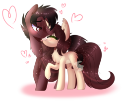 Size: 2795x2283 | Tagged: safe, artist:paperbunii, oc, oc only, oc:cinnamon fawn, oc:sovereign ashes, pegasus, pony, unicorn, black hair, blushing, brown eyes, brown hair, butt fluff, chest fluff, colored eyelashes, couple, eyes closed, fanart, female, freckles, glasses, happy, heart, high res, licking, lidded eyes, male, mare, nuzzling, obtrusive watermark, simple background, smiling, spots, stallion, tongue out, transparent background, watermark