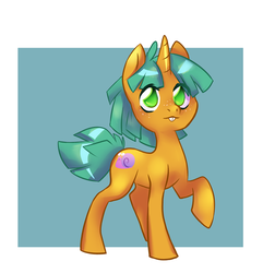 Size: 711x739 | Tagged: safe, artist:dinkelion, snails, pony, unicorn, g4, bucktooth, glitter shell, looking at you, male, raised hoof, simple background, solo