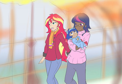 Size: 1215x841 | Tagged: safe, artist:jonfawkes, sci-twi, sunset shimmer, twilight sparkle, oc, oc:sparkling sapphire, ask human octavia, series:sciset diary, equestria girls, g4, clothes, coat, crossover, female, human coloration, lesbian, magical lesbian spawn, offspring, parent:sci-twi, parent:sunset shimmer, parents:scitwishimmer, ship:sci-twishimmer, ship:sunsetsparkle, shipping